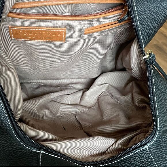 London Fog Textured Pebbled Leather Handbag Purse Black With White Stitching - Picture 9 of 14